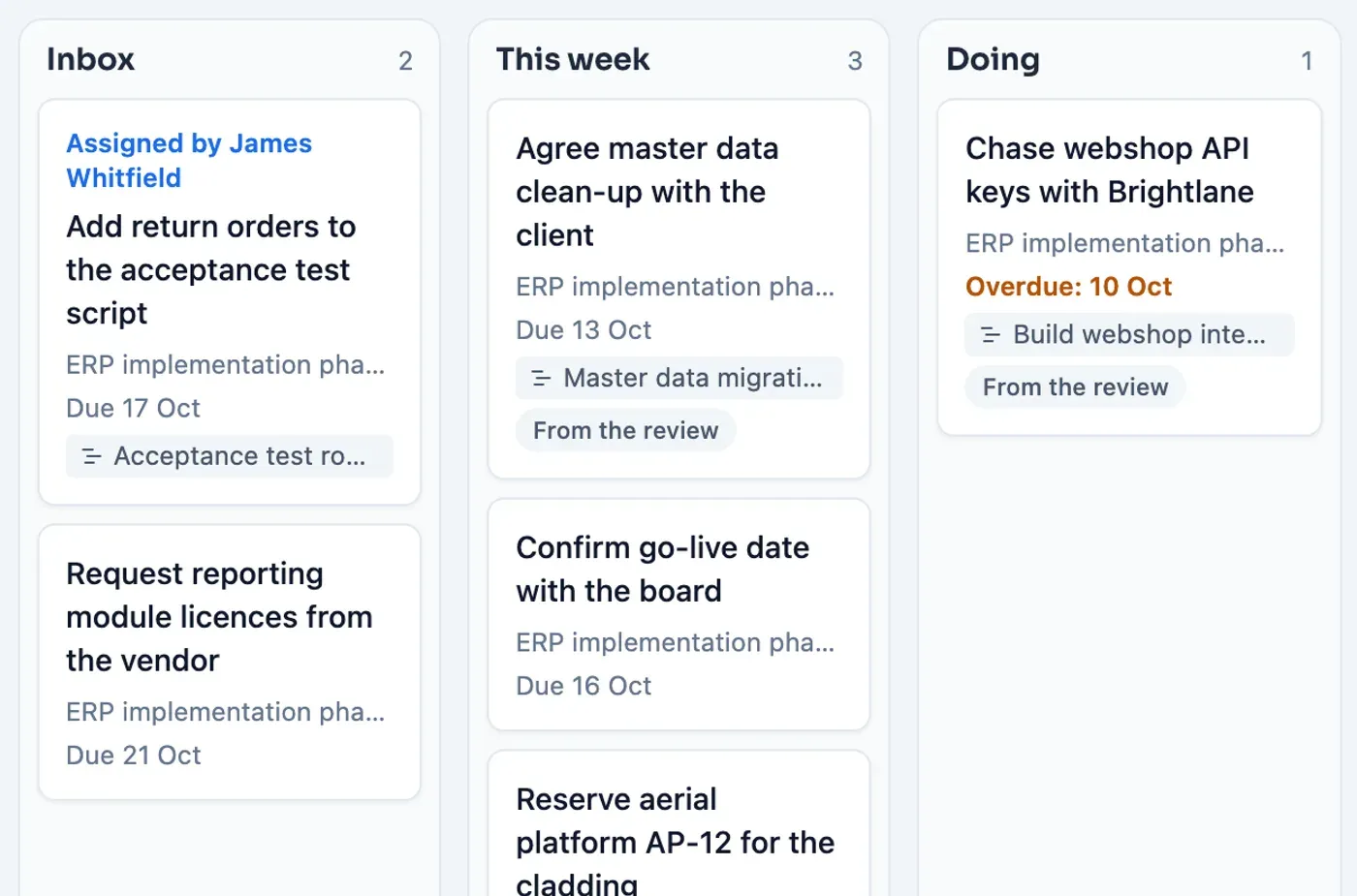 My actions in Plandeck: the columns Inbox, This week and Doing with actions from the review and an action assigned by a colleague